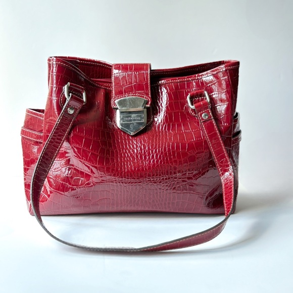 Liz Claiborne Handbags - 90s Style Liz Claiborne Red‎ Alligator Embossed Vegan Leather Shoulder Tote Bag